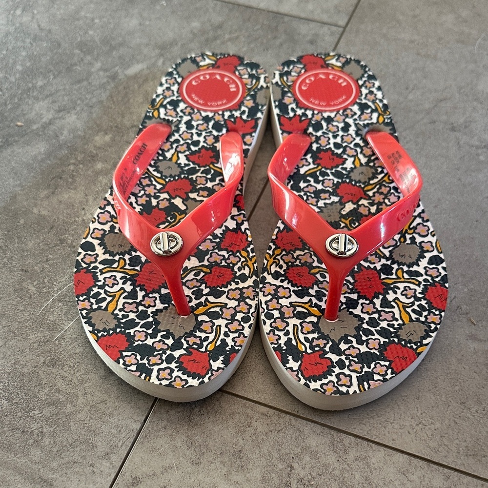Coach Red‎ and Black Floral Flip Flops